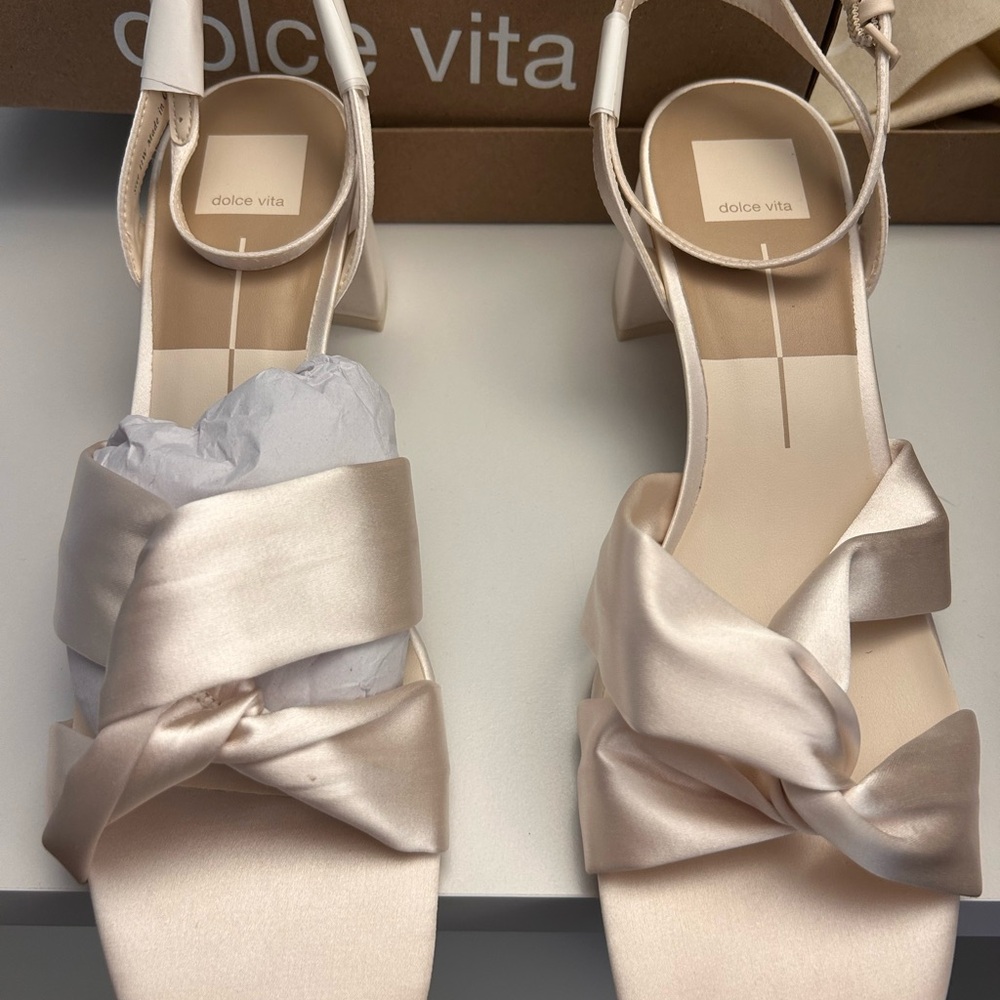 Dolce Vita Satin Knotted Ankle Strap Heels in Champagne